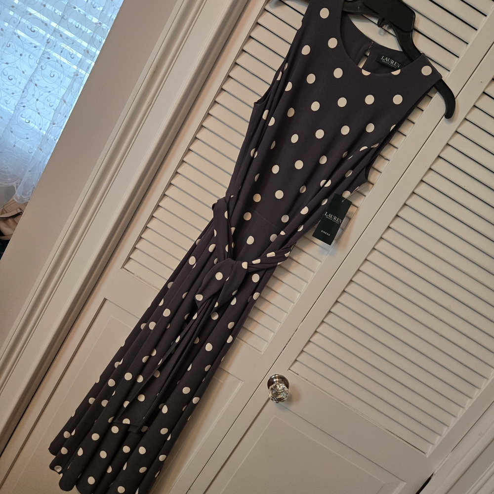 Lauren Ralph Lauren Grey and White Polka Dot Maxi Dress